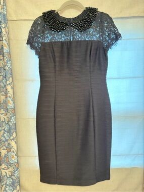 Mauve Black Lace-Yoke Beaded Collar Sheath Dress